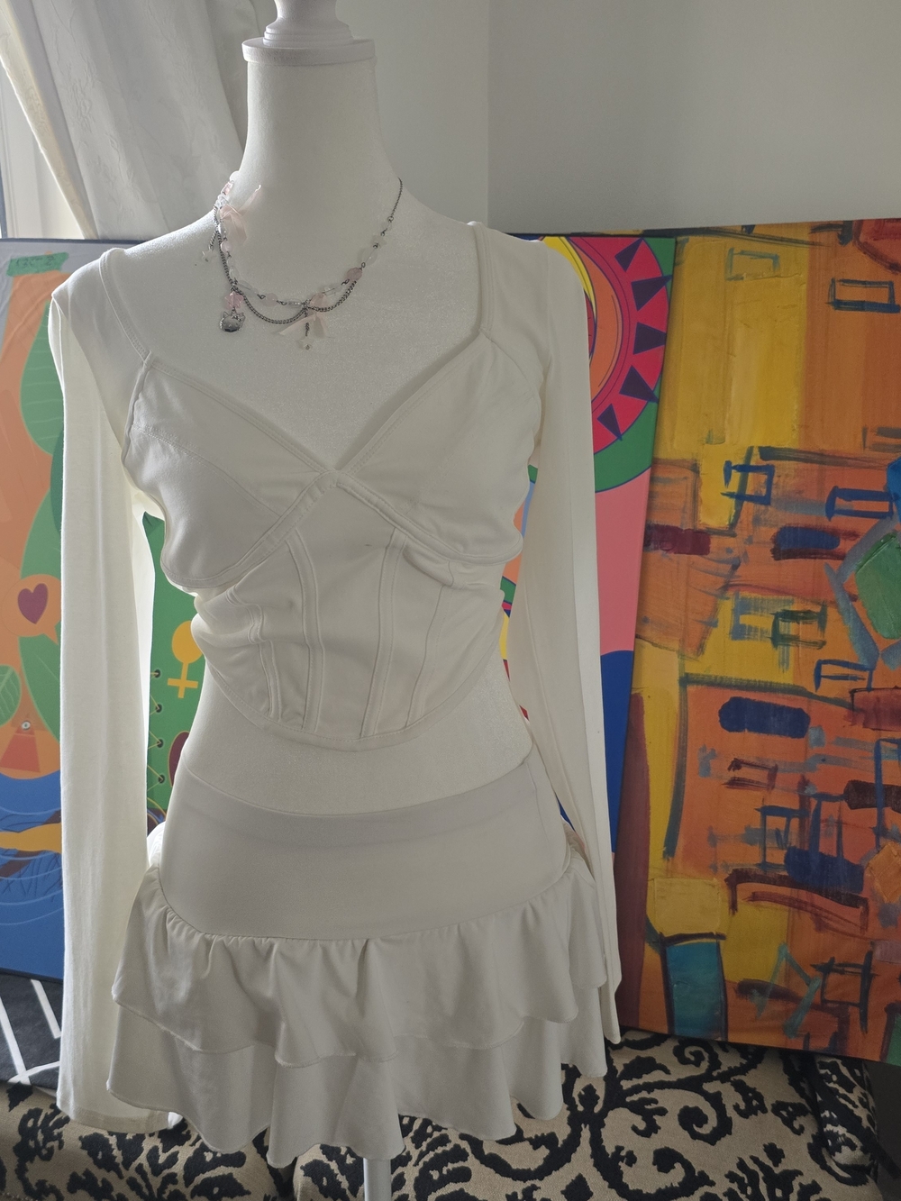 NWT White Corset Top Long Sleeve Bustier Coquette Balletcore Snatched Sz L